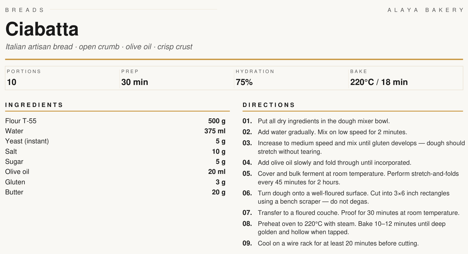 The printed Ciabatta recipe card: portions 10, prep 30 minutes, hydration 75%, bake 220°C for 18 minutes, eight ingredients in grams and millilitres, and nine numbered directions.