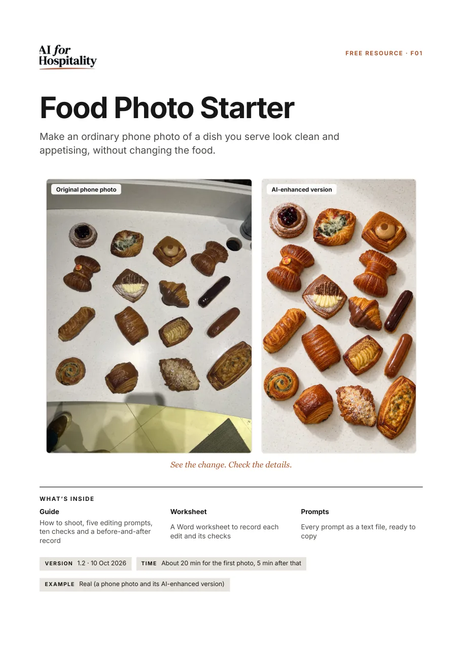 Cover: an original phone photo of pastries beside its AI-enhanced version, and what's inside the kit