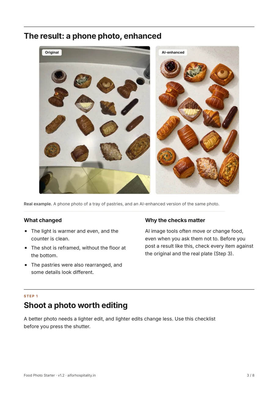 The result: the phone photo and the enhanced version, what changed and why the checks matter, then step 1