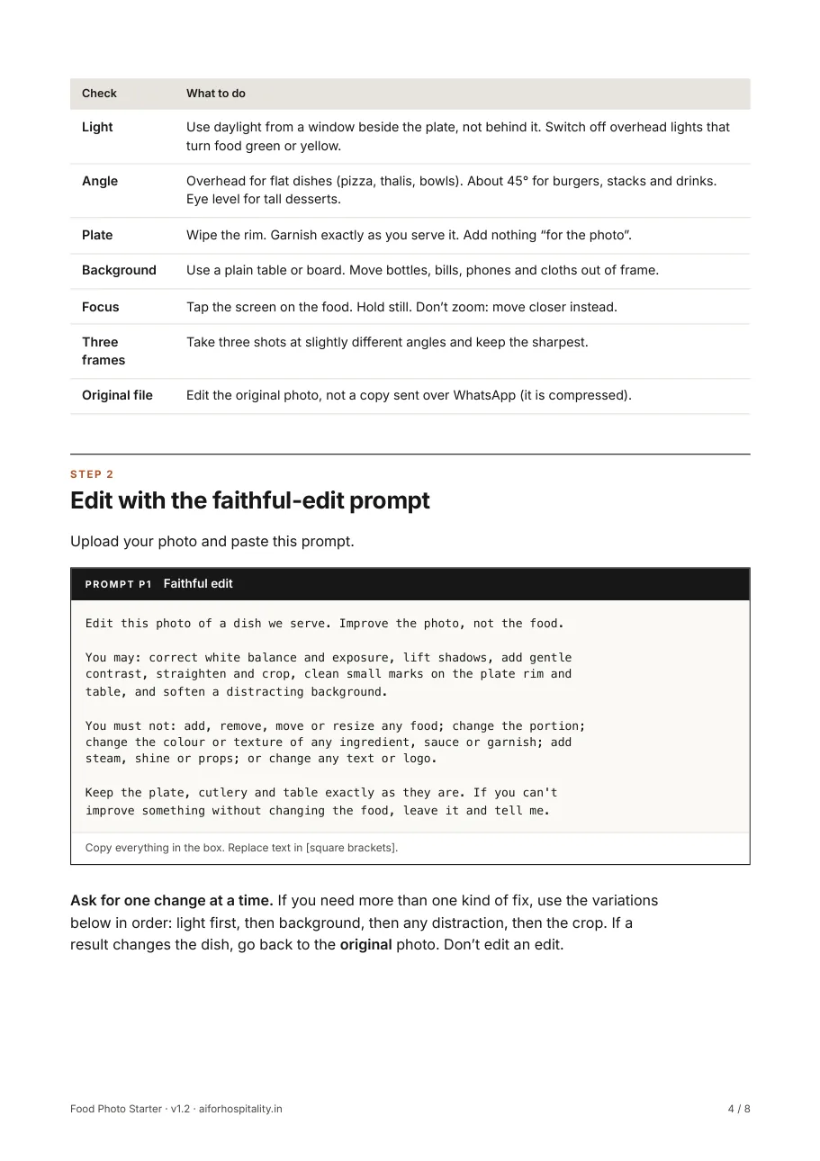 The shooting checklist and the faithful-edit prompt (P1)
