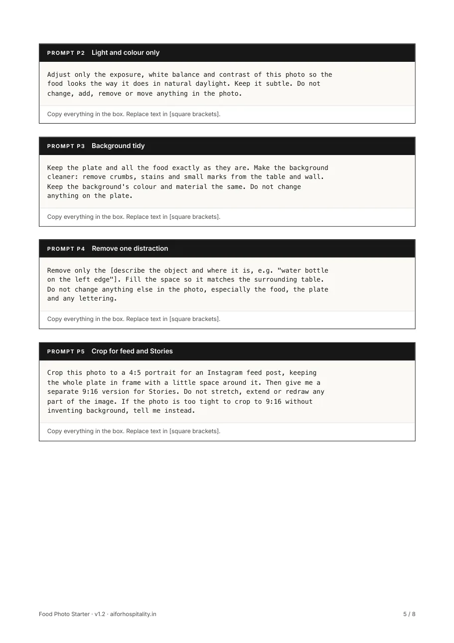 Prompts for light, background, one distraction and cropping
