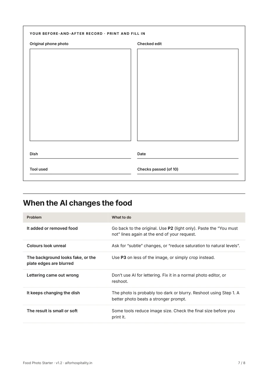 A printable before-and-after record, and what to do when the AI changes the food