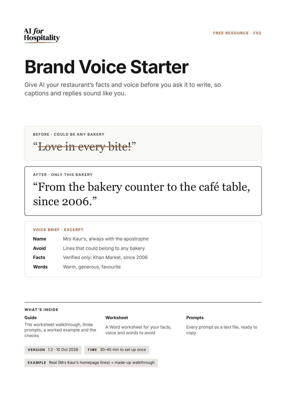 Cover: Mrs Kaur's old homepage line beside the line that replaced it, a voice-brief excerpt, and what's inside the kit