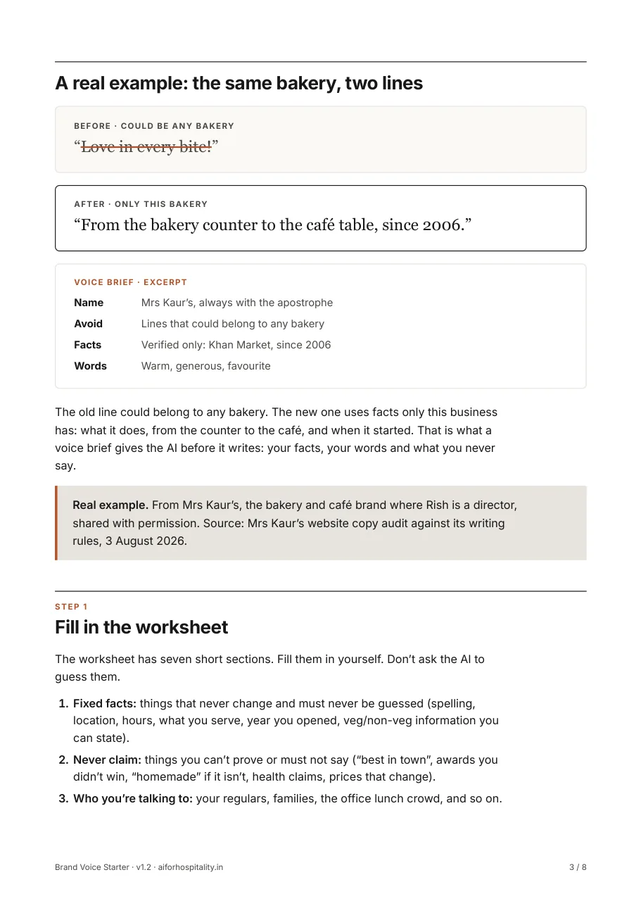 The real example set out with the voice-brief excerpt, then step 1, the worksheet