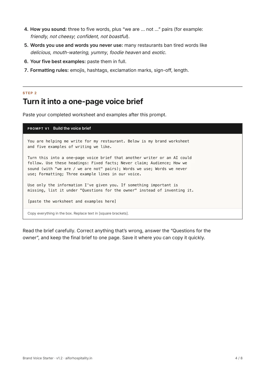 The rest of the worksheet, then the voice-brief prompt (V1)