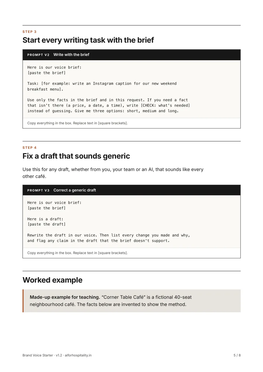 Writing with the brief (V2), fixing a generic draft (V3) and the start of a made-up worked example