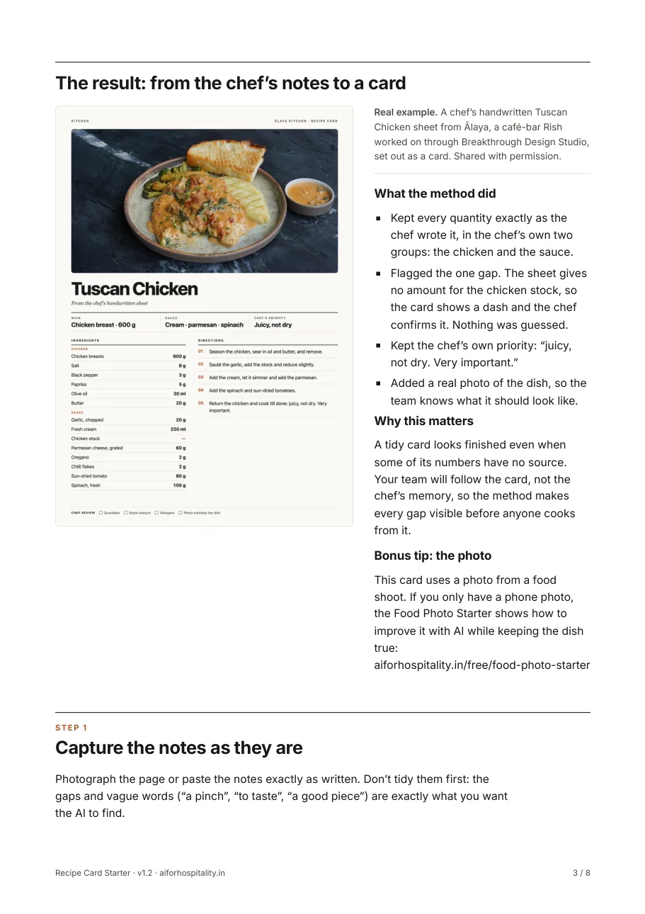 The result: the finished Tuscan Chicken card and what the method did, then step 1