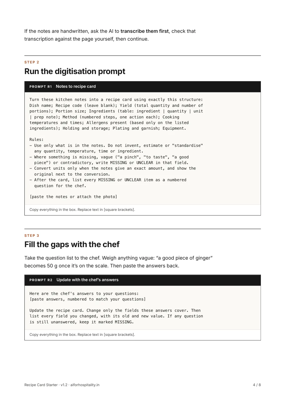 The digitisation prompt (R1) and step 3, filling the gaps with the chef